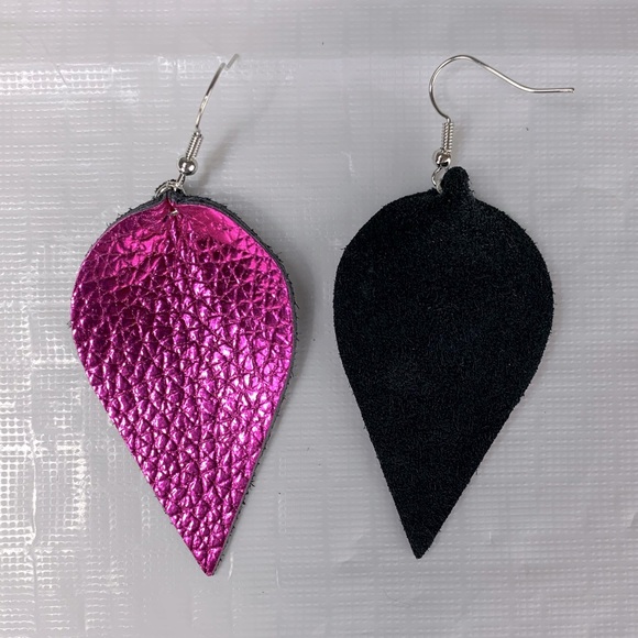 Boho Dark Metallic Pink Leather Leaf Earrings - Picture 4 of 4